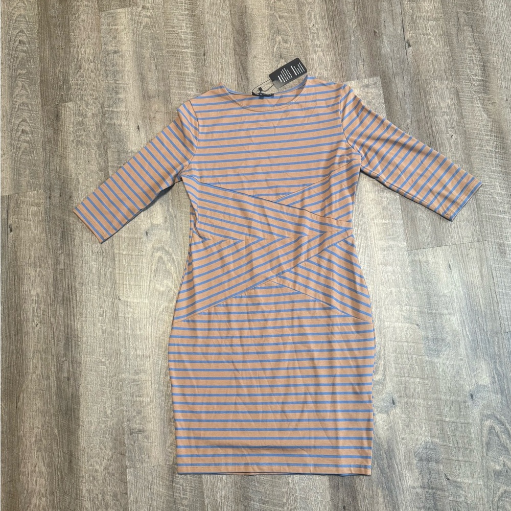 Blue and Tan Striped Long Sleeve Dress